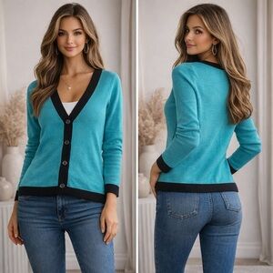 Michael Kors Teal & Black Button Front Cardigan Sweater Size Large